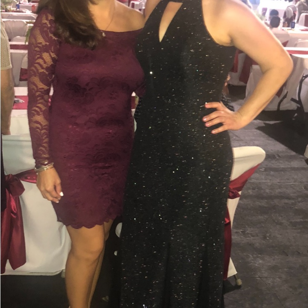 off the shoulder dress color is burgundy. sleeves are considered see-through